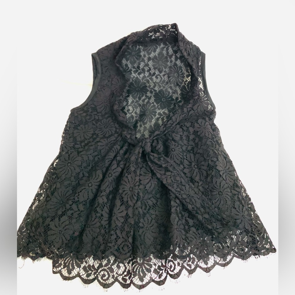 Custom Hand Made Black Lace Sleeveless Top with open round lace collar with tie.